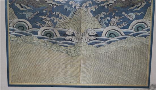 A Chinese blue silk kesi dragon panel, 17th century, 99cm x 61cm, wear and old repairs